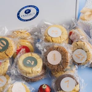 Frank's Luxury Biscuits advent calendar with 25 handmade biscuits including chocolate-dipped and festive flavours